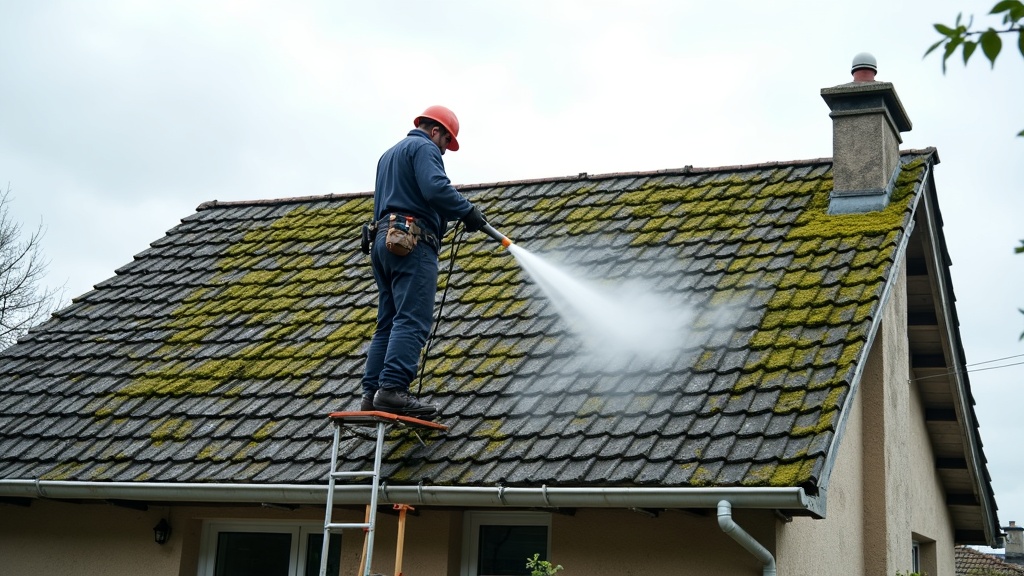 Démoussage toiture tuiles béton 180m² avec traitement hydrofuge
